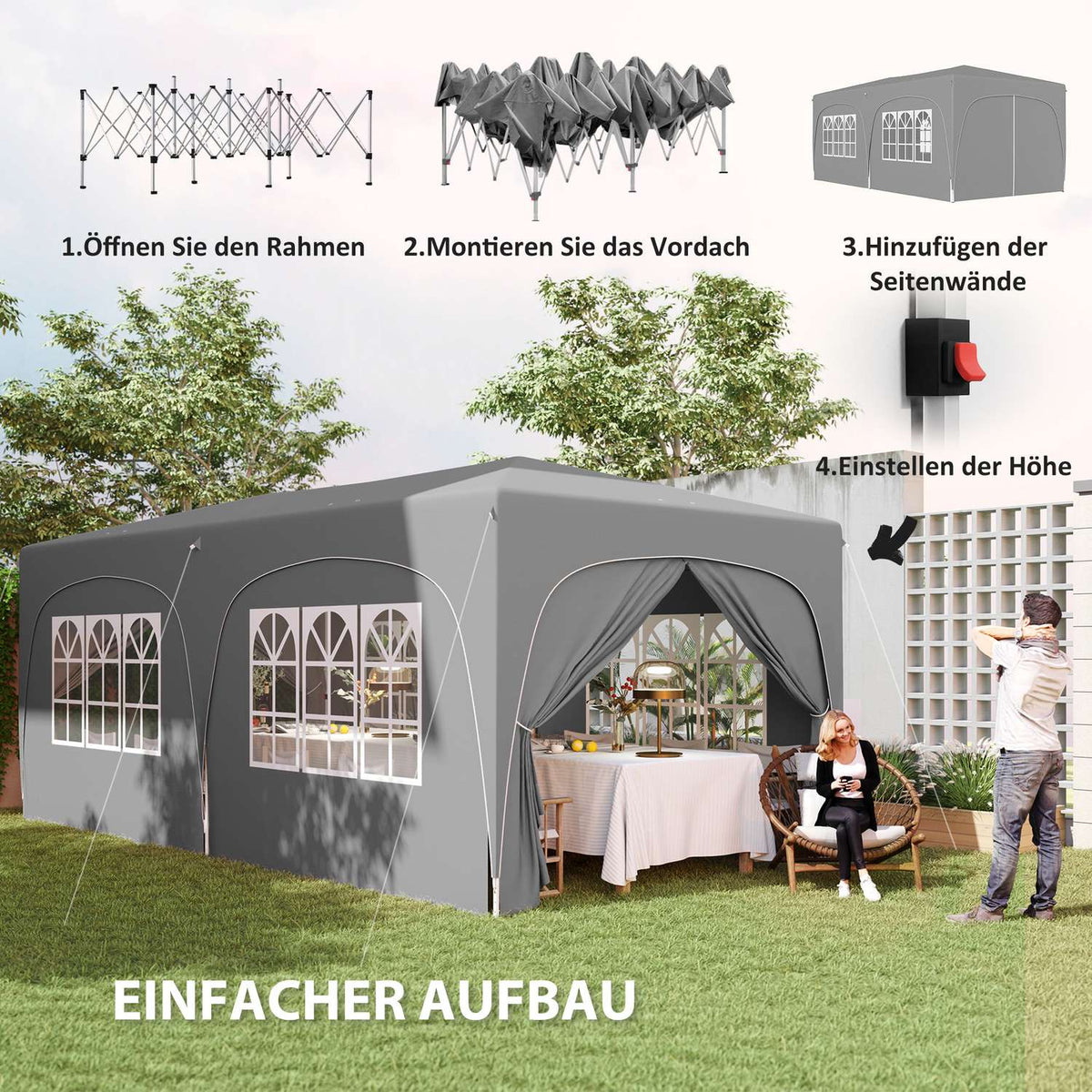 Gazebo approx. 3x6m, water-repellent, stable, winter-proof pop-up folding gazebo, UV protection 50+, foldable party tent, garden tent with 6 side panels, pocket garden gazebo for camping, garden, light gray