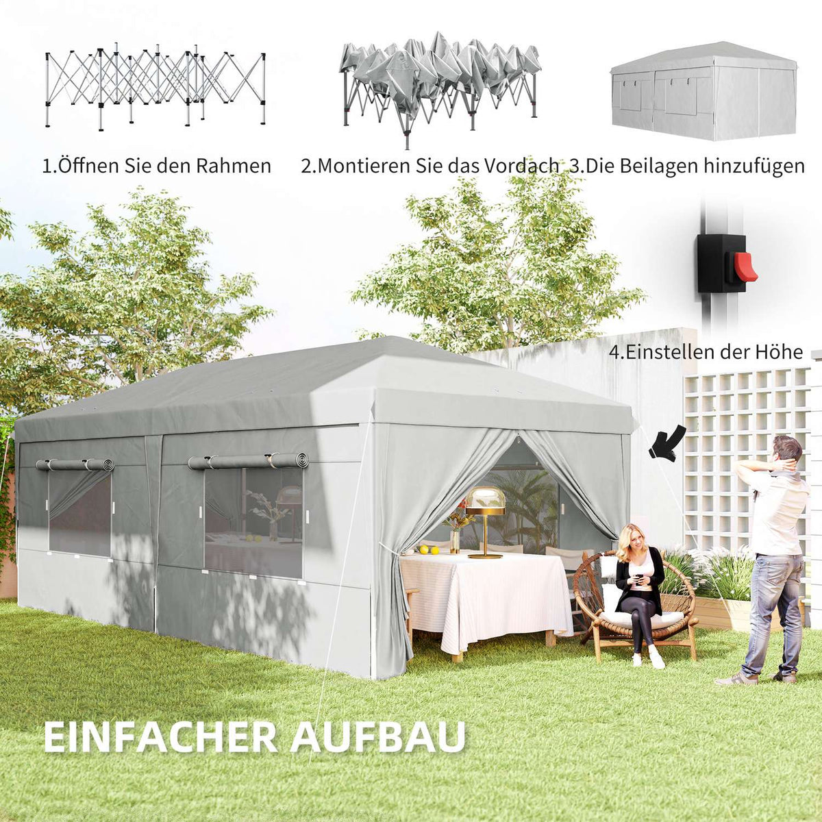 Gazebo approx. 3x6m, water-repellent, stable, winter-proof pop-up folding gazebo, UV protection 50+, foldable party tent, garden tent with 6 side panels, pocket garden gazebo for camping, garden, light gray