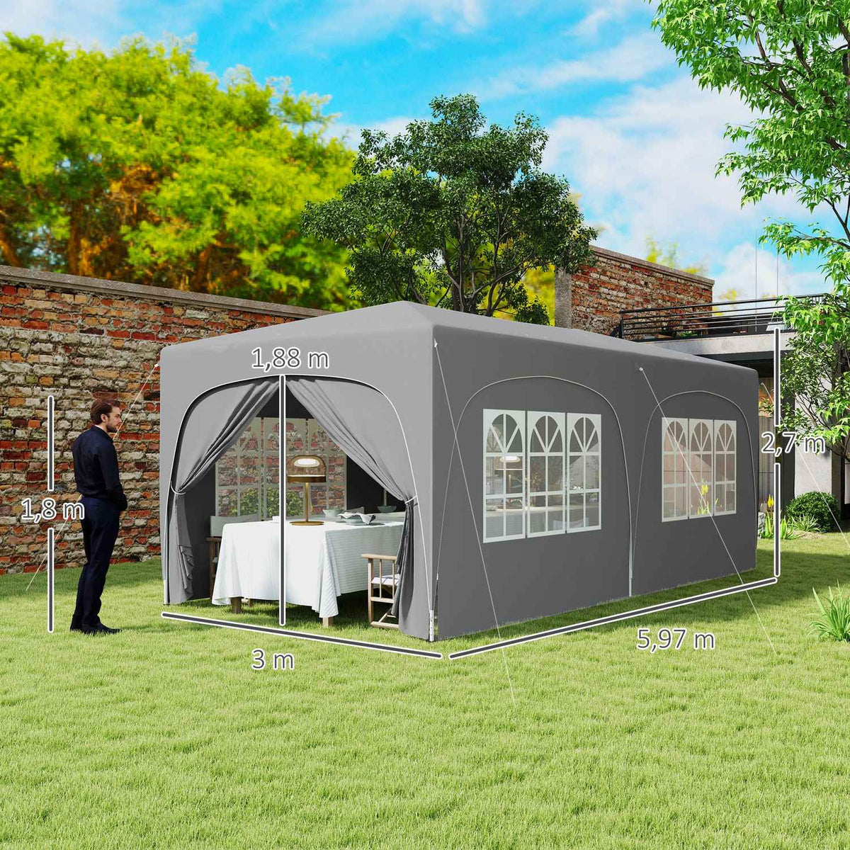 Gazebo approx. 3x6m, water-repellent, stable, winter-proof pop-up folding gazebo, UV protection 50+, foldable party tent, garden tent with 6 side panels, pocket garden gazebo for camping, garden, light gray