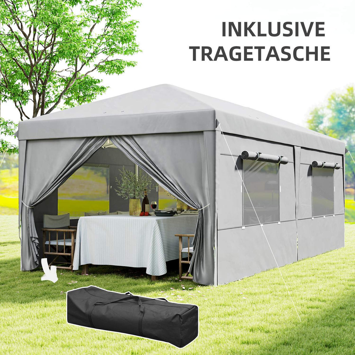 Gazebo approx. 3x6m, water-repellent, stable, winter-proof pop-up folding gazebo, UV protection 50+, foldable party tent, garden tent with 6 side panels, pocket garden gazebo for camping, garden, light gray