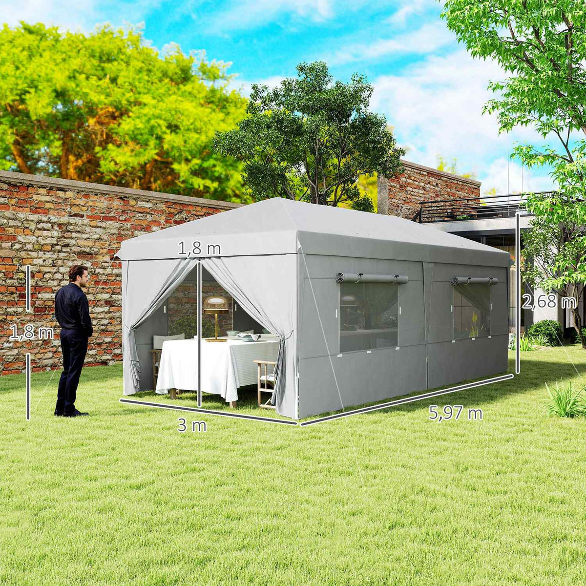 Gazebo approx. 3x6m, water-repellent, stable, winter-proof pop-up folding gazebo, UV protection 50+, foldable party tent, garden tent with 6 side panels, pocket garden gazebo for camping, garden, light gray