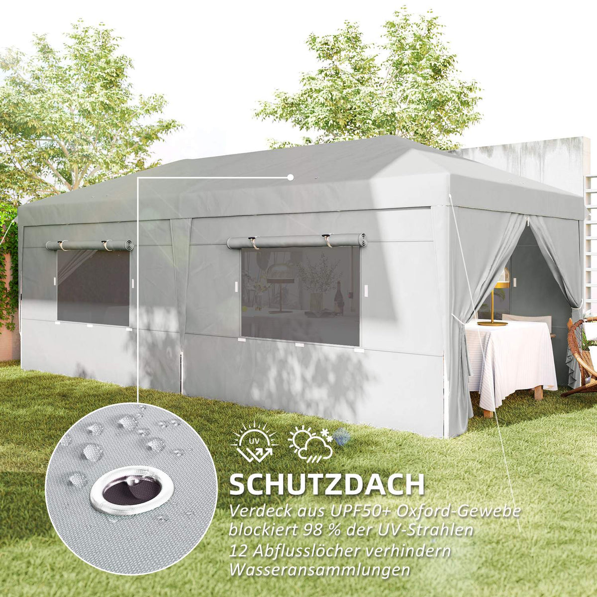 Gazebo approx. 3x6m, water-repellent, stable, winter-proof pop-up folding gazebo, UV protection 50+, foldable party tent, garden tent with 6 side panels, pocket garden gazebo for camping, garden, light gray