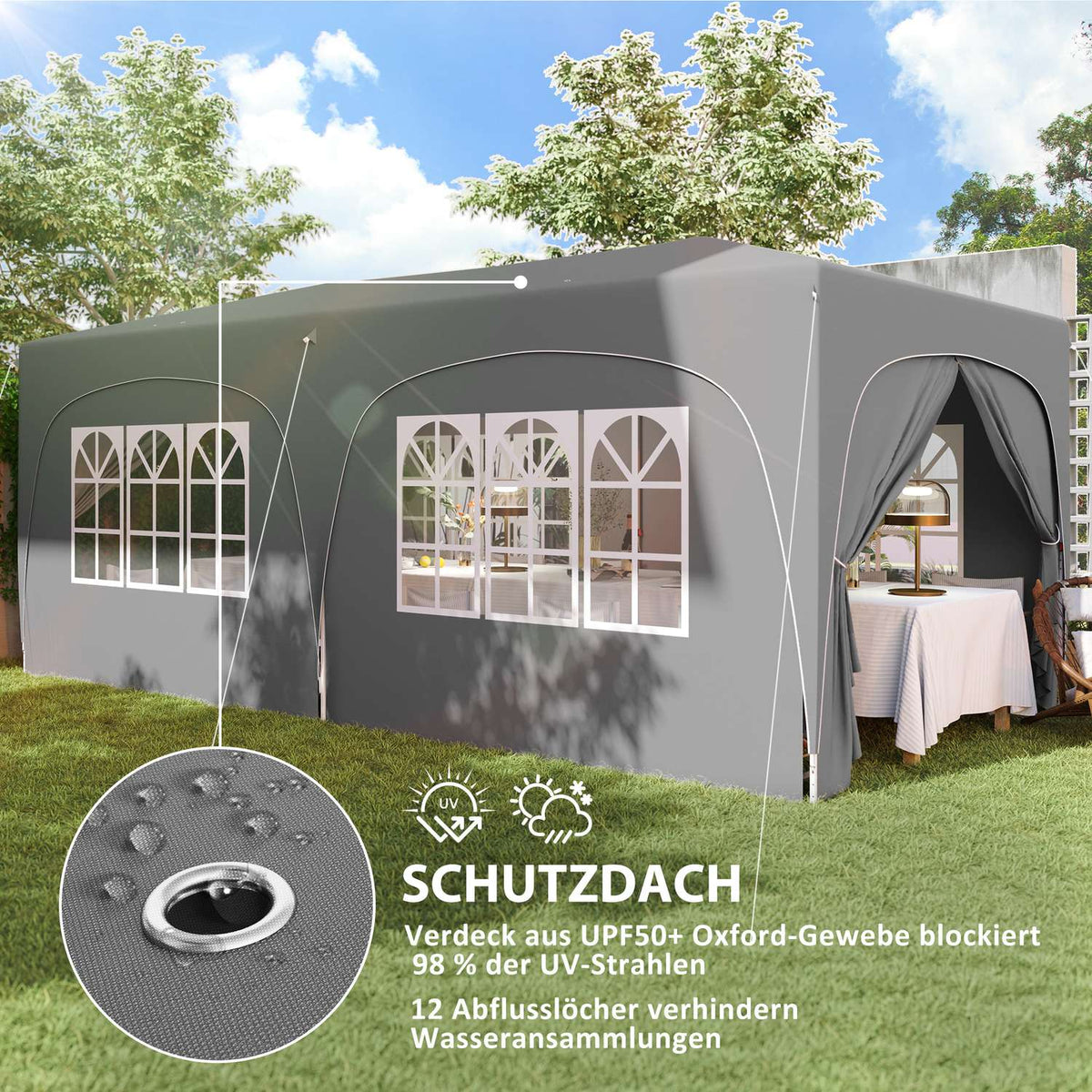 Gazebo approx. 3x6m, water-repellent, stable, winter-proof pop-up folding gazebo, UV protection 50+, foldable party tent, garden tent with 6 side panels, pocket garden gazebo for camping, garden, light gray