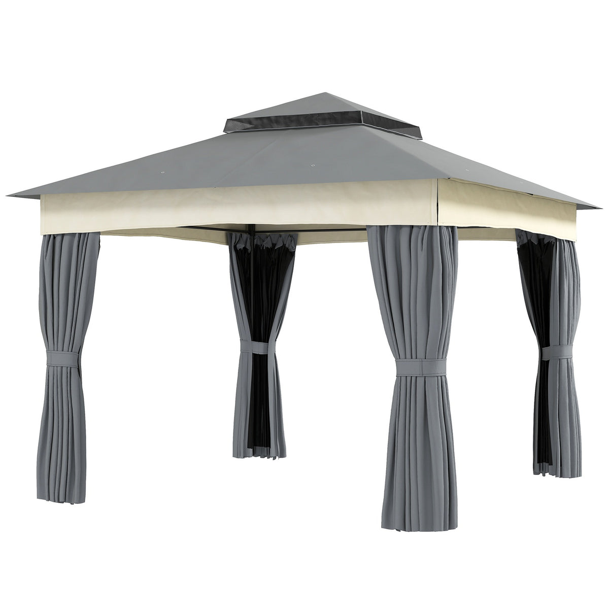 Gazebo with double roof, 3x3 m, water-repellent, stable, winter-proof garden pavilion with mosquito net, side panels, garden pavilion made of metal, for garden, terrace, dark gray