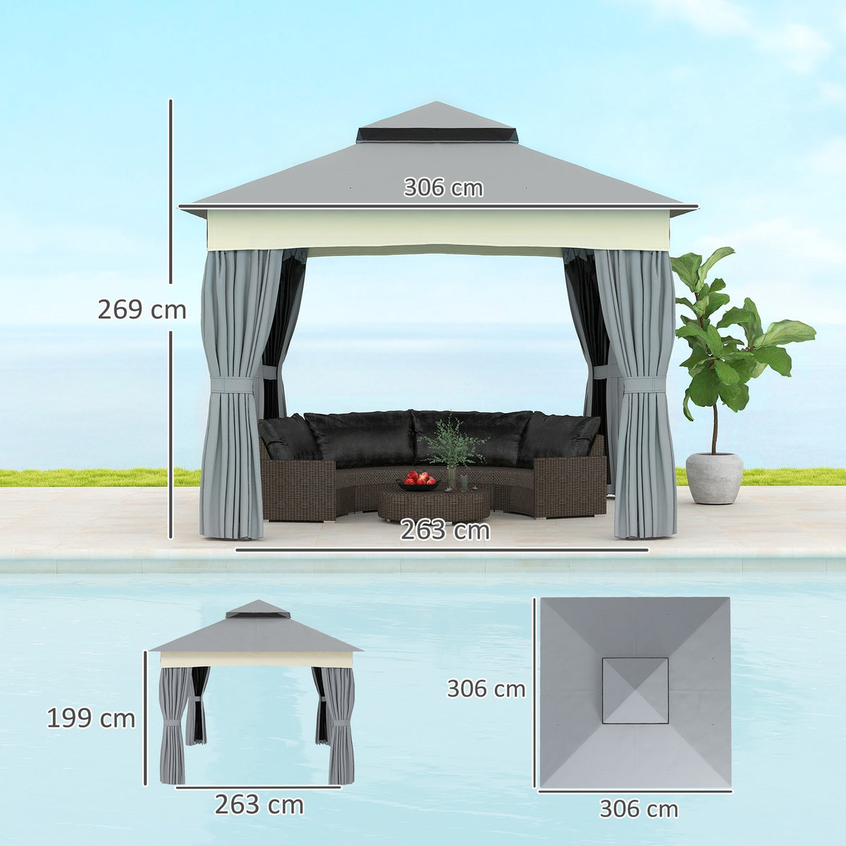 Gazebo with double roof, 3x3 m, water-repellent, stable, winter-proof garden pavilion with mosquito net, side panels, garden pavilion made of metal, for garden, terrace, dark gray