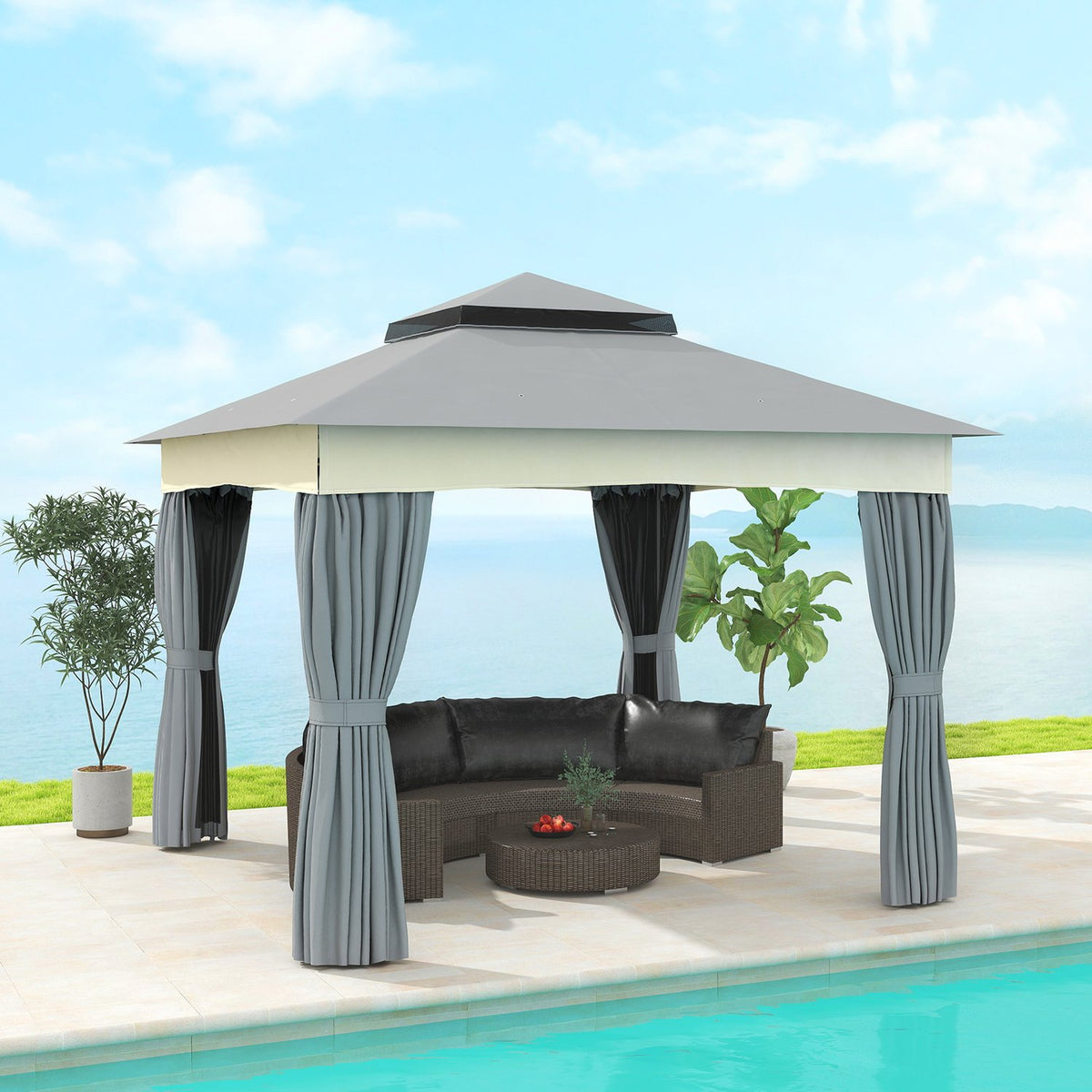 Gazebo with double roof, 3x3 m, water-repellent, stable, winter-proof garden pavilion with mosquito net, side panels, garden pavilion made of metal, for garden, terrace, dark gray