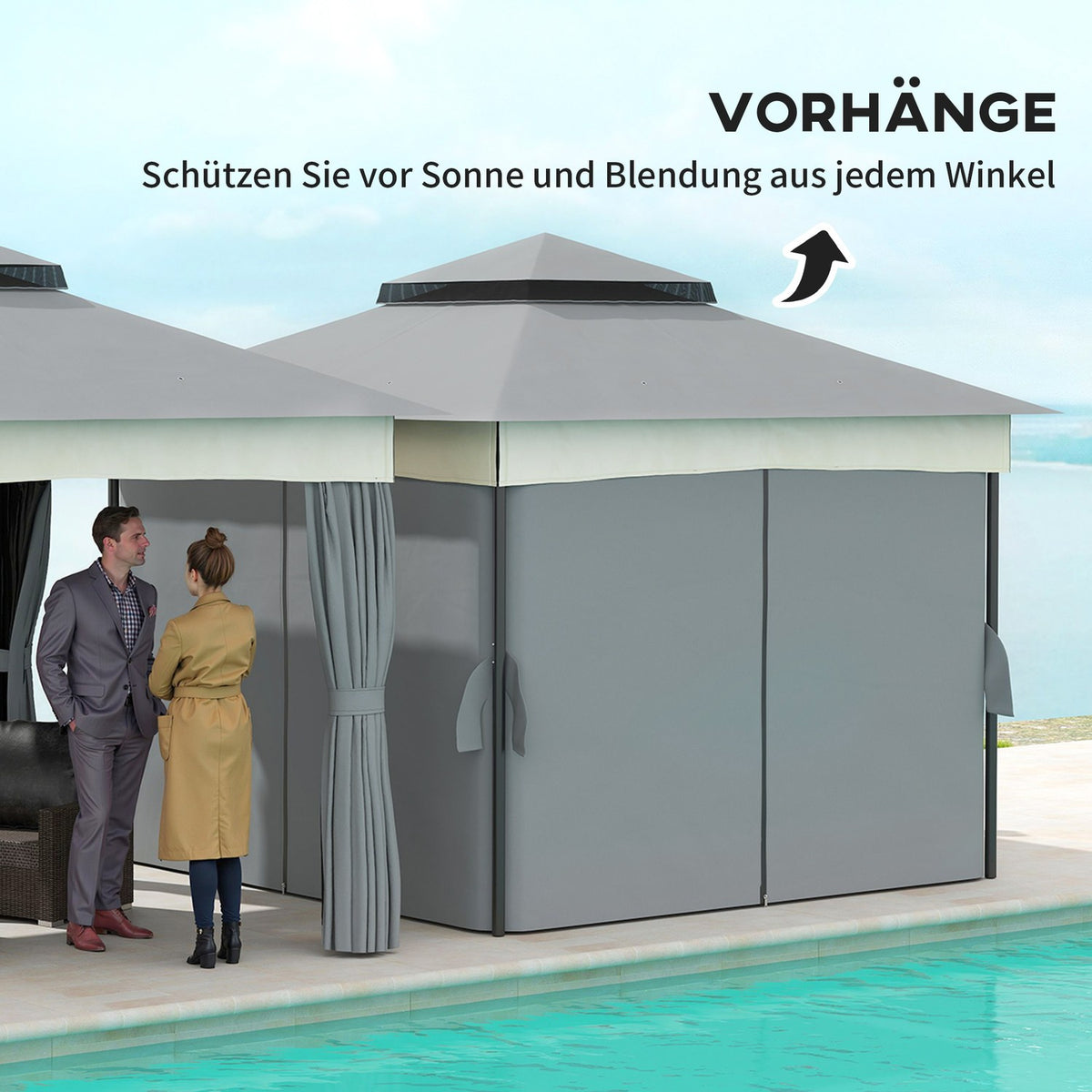 Gazebo with double roof, 3x3 m, water-repellent, stable, winter-proof garden pavilion with mosquito net, side panels, garden pavilion made of metal, for garden, terrace, dark gray