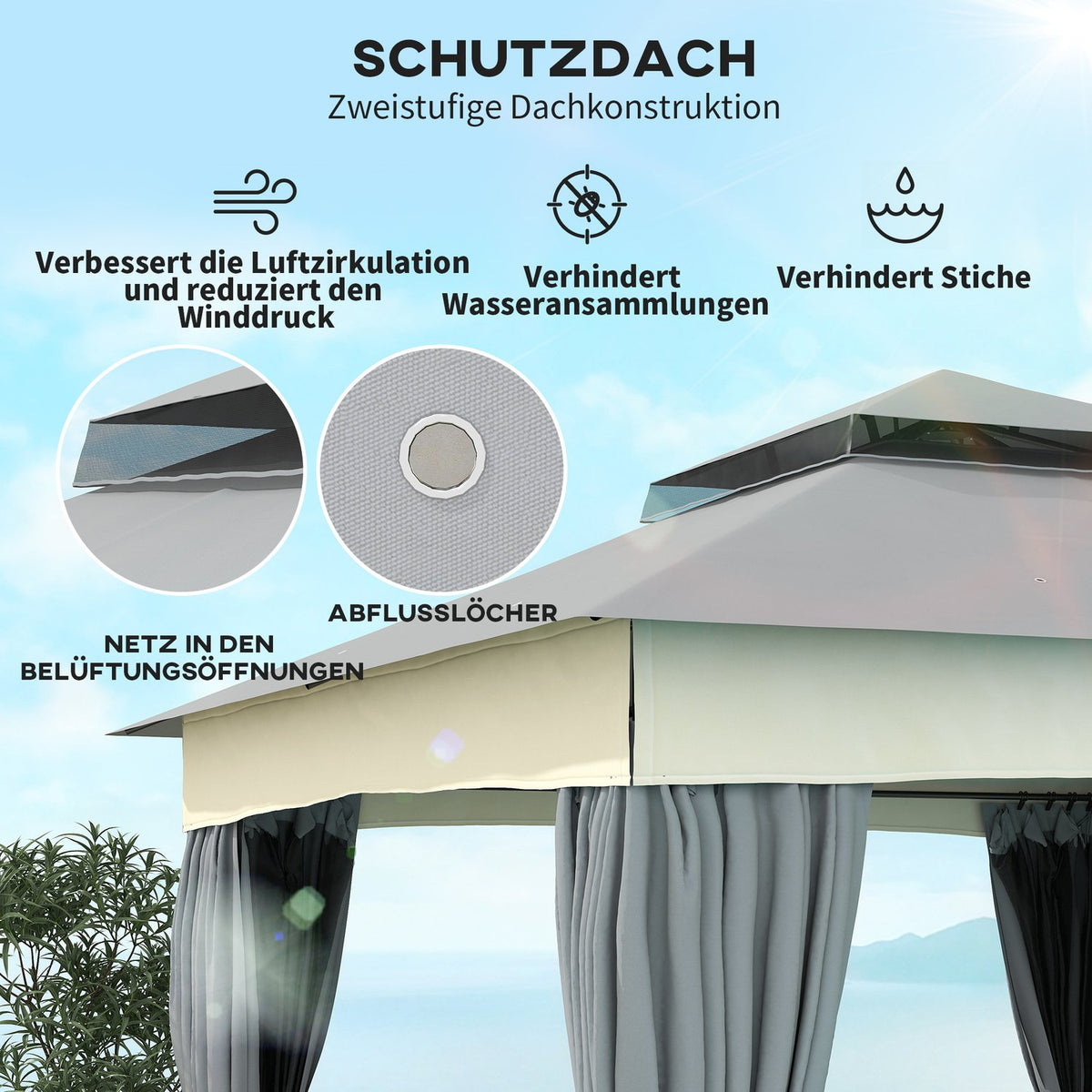 Gazebo with double roof, 3x3 m, water-repellent, stable, winter-proof garden pavilion with mosquito net, side panels, garden pavilion made of metal, for garden, terrace, dark gray