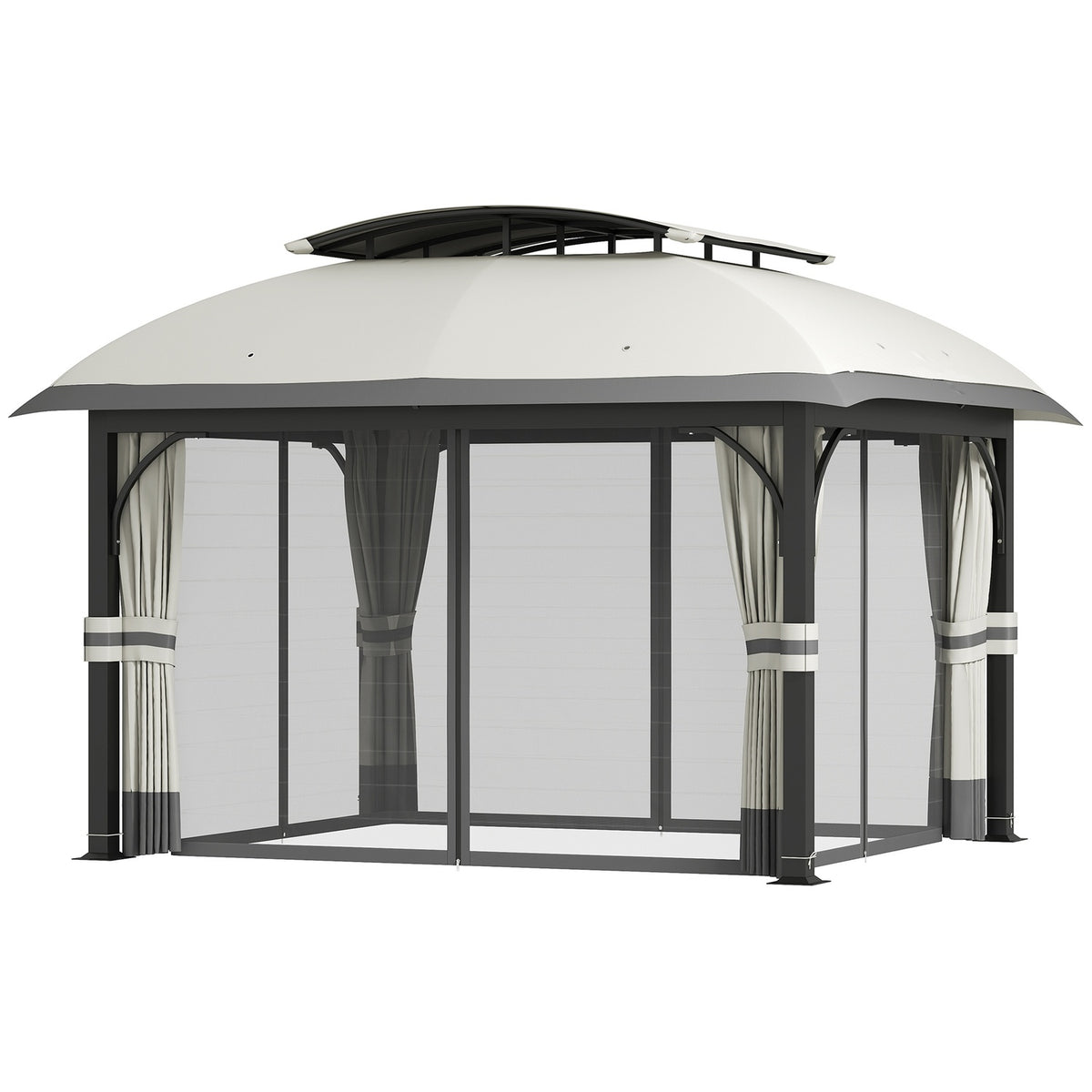 Gazebo with double roof, 4x3.3 m, water-repellent, stable, winter-proof garden pavilion with mosquito net, side panels, garden pavilion made of galvanized metal, for garden, terrace, light gray