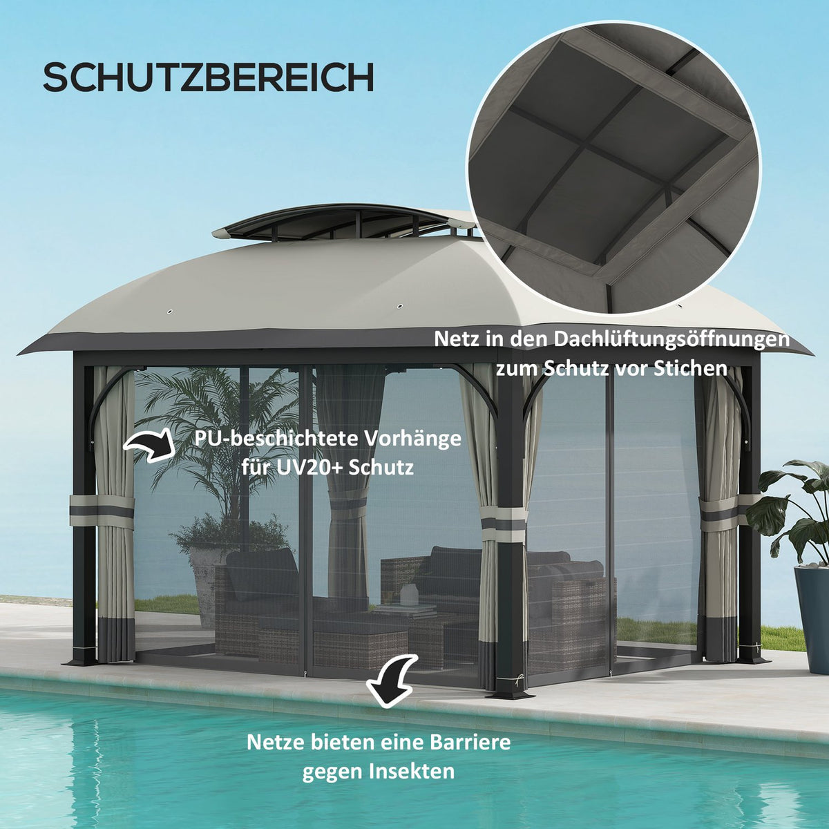 Gazebo with double roof, 4x3.3 m, water-repellent, stable, winter-proof garden pavilion with mosquito net, side panels, garden pavilion made of galvanized metal, for garden, terrace, light gray