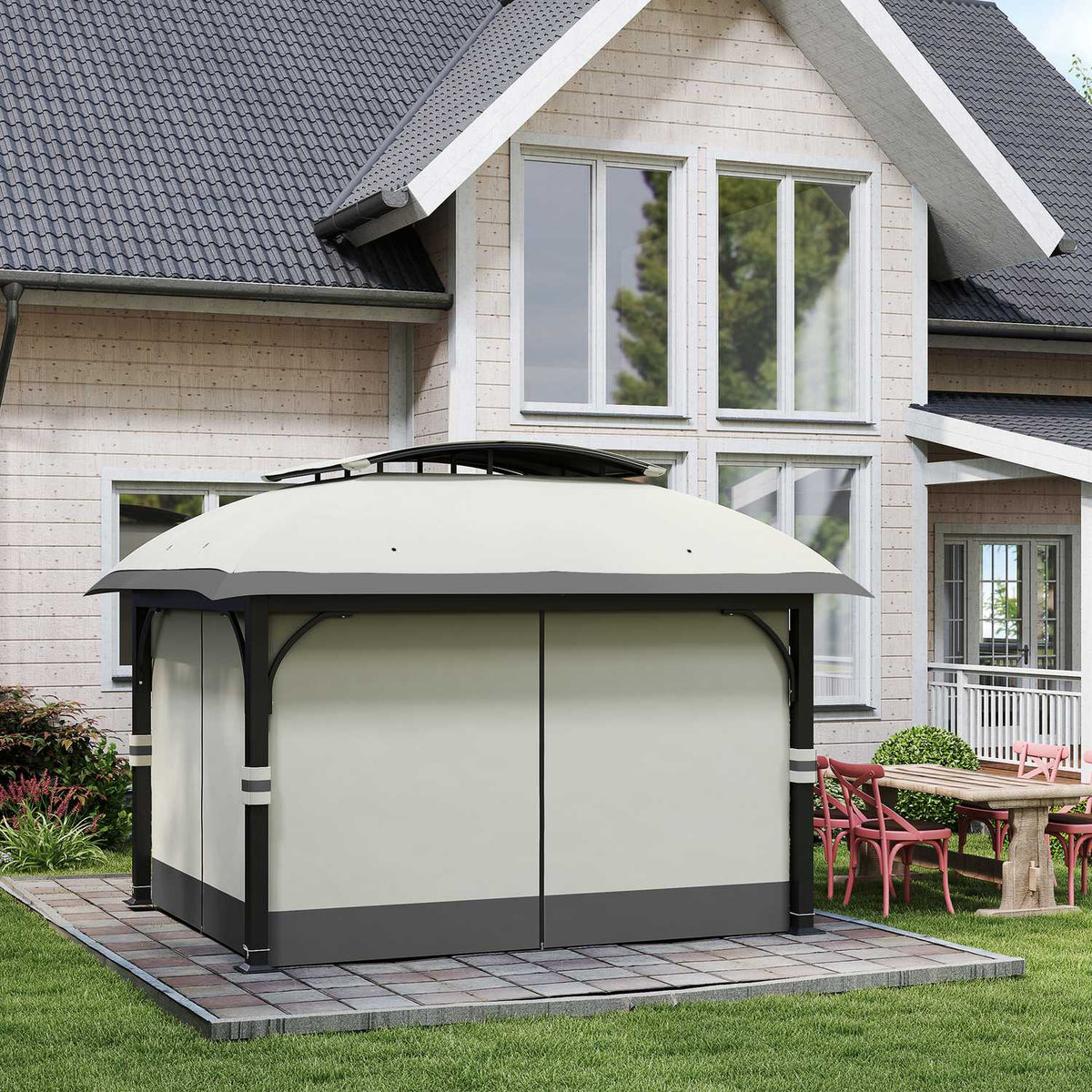 Gazebo with double roof, 4x3.3 m, water-repellent, stable, winter-proof garden pavilion with mosquito net, side panels, garden pavilion made of galvanized metal, for garden, terrace, light gray