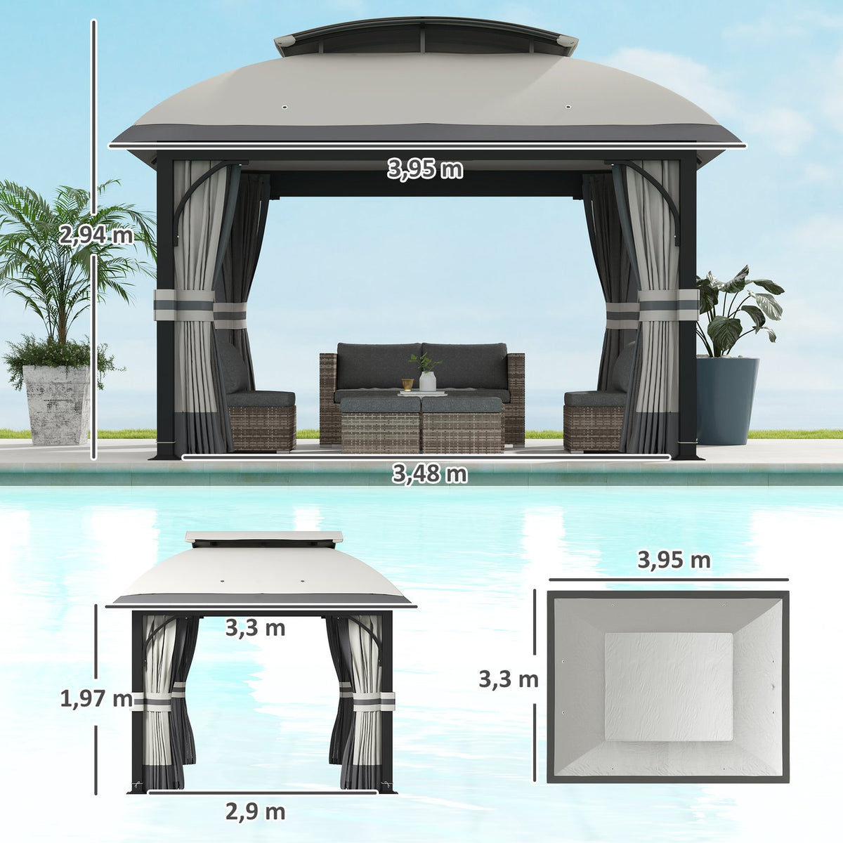Gazebo with double roof, 4x3.3 m, water-repellent, stable, winter-proof garden pavilion with mosquito net, side panels, garden pavilion made of galvanized metal, for garden, terrace, light gray