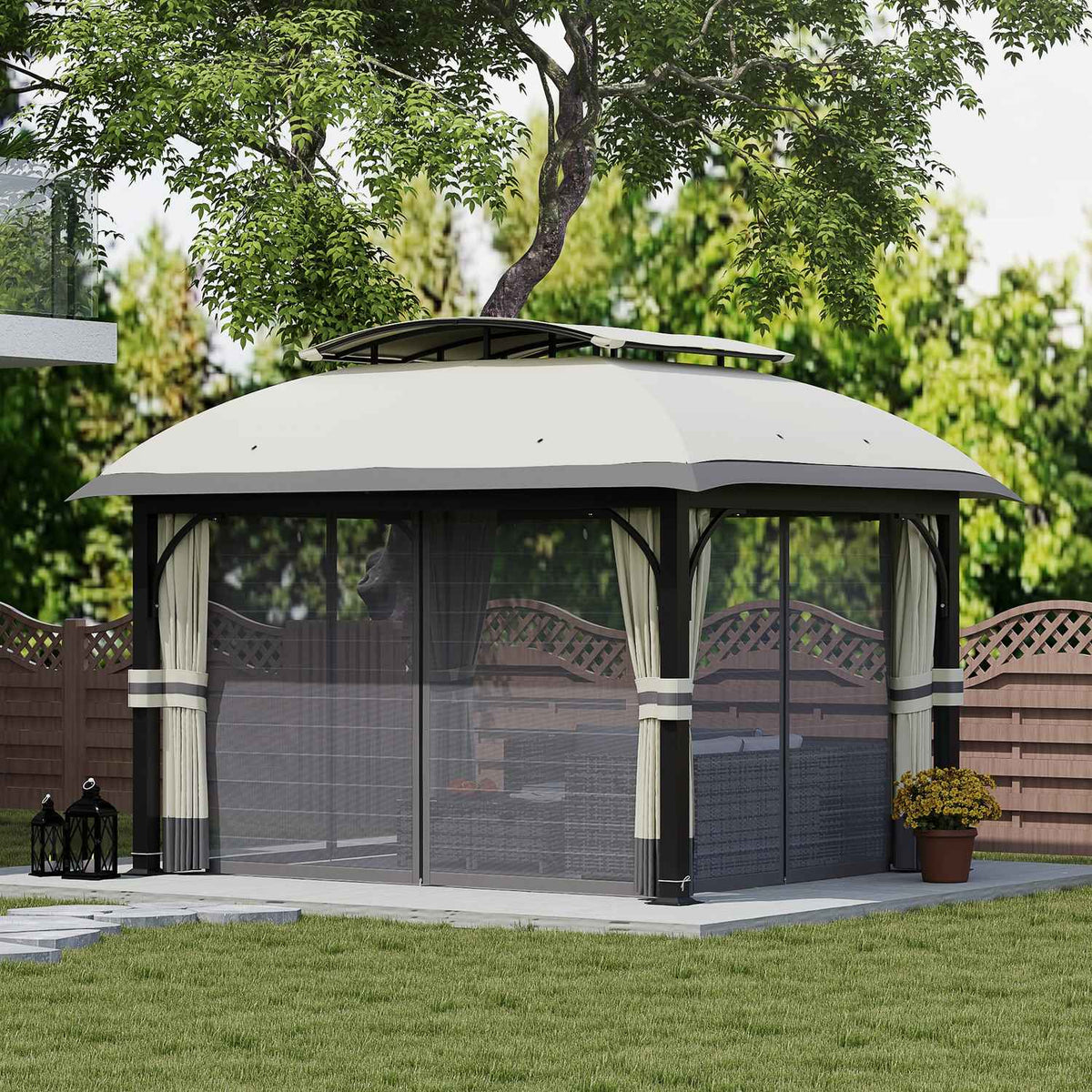 Gazebo with double roof, 4x3.3 m, water-repellent, stable, winter-proof garden pavilion with mosquito net, side panels, garden pavilion made of galvanized metal, for garden, terrace, light gray