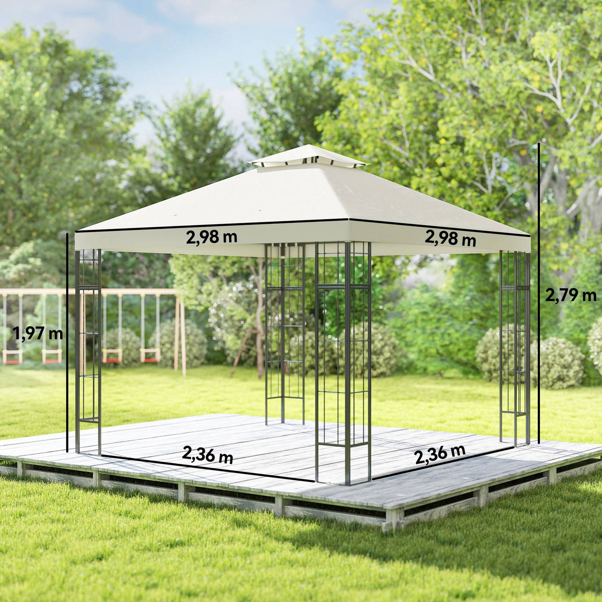 Gazebo with double roof, approx. 3x3 m, water-repellent, stable, winter-proof, garden pavilion with UV protection, party tent made of metal, for garden, terrace, cream white