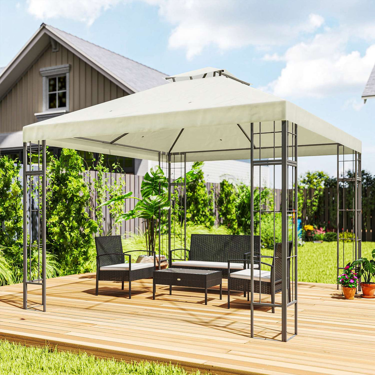 Gazebo with double roof, approx. 3x3 m, water-repellent, stable, winter-proof, garden pavilion with UV protection, party tent made of metal, for garden, terrace, cream white