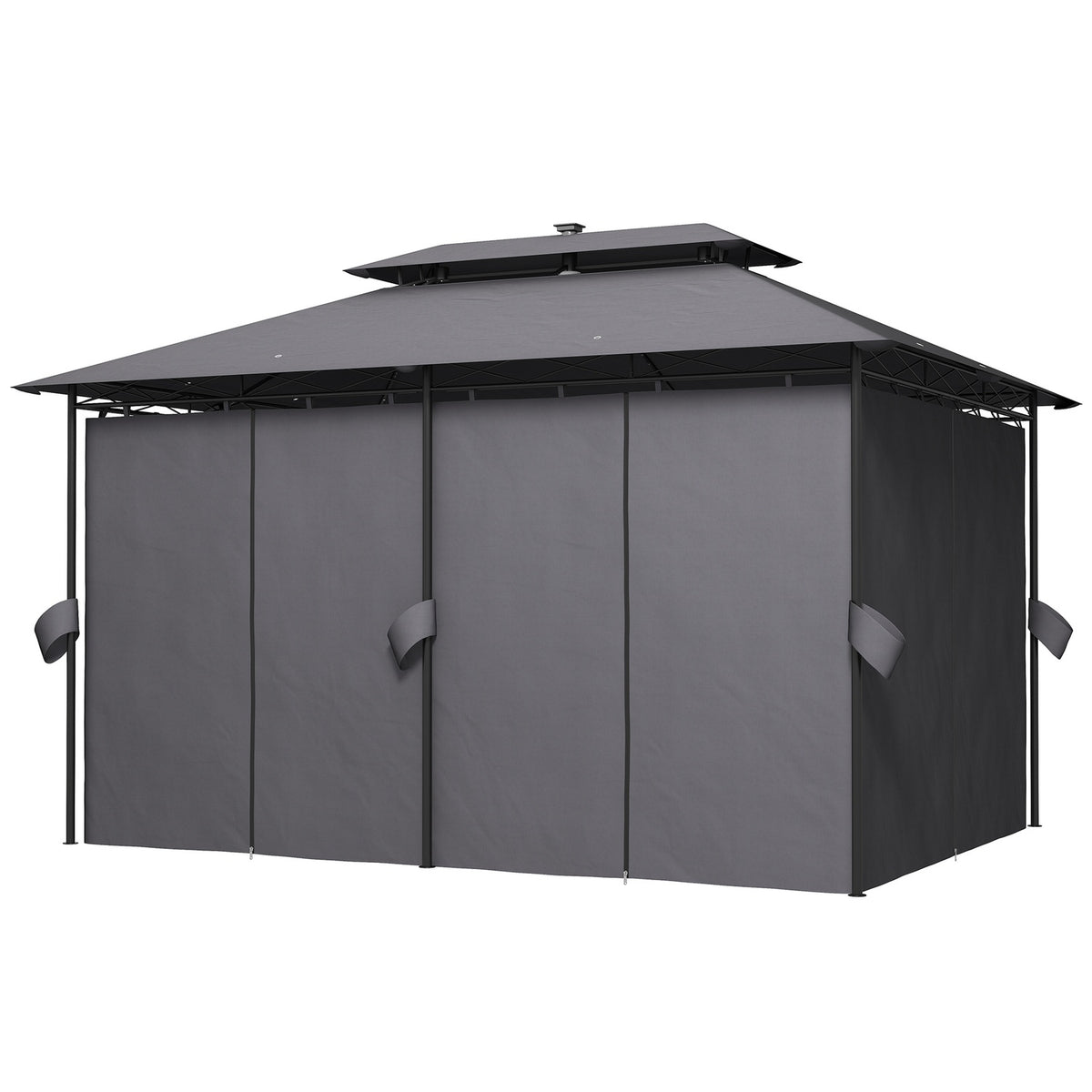Gazebo with double roof, solar LED, 4x3 m, water-repellent, stable, winter-proof garden pavilion with side panels, garden pavilion made of metal, for garden, terrace, dark gray