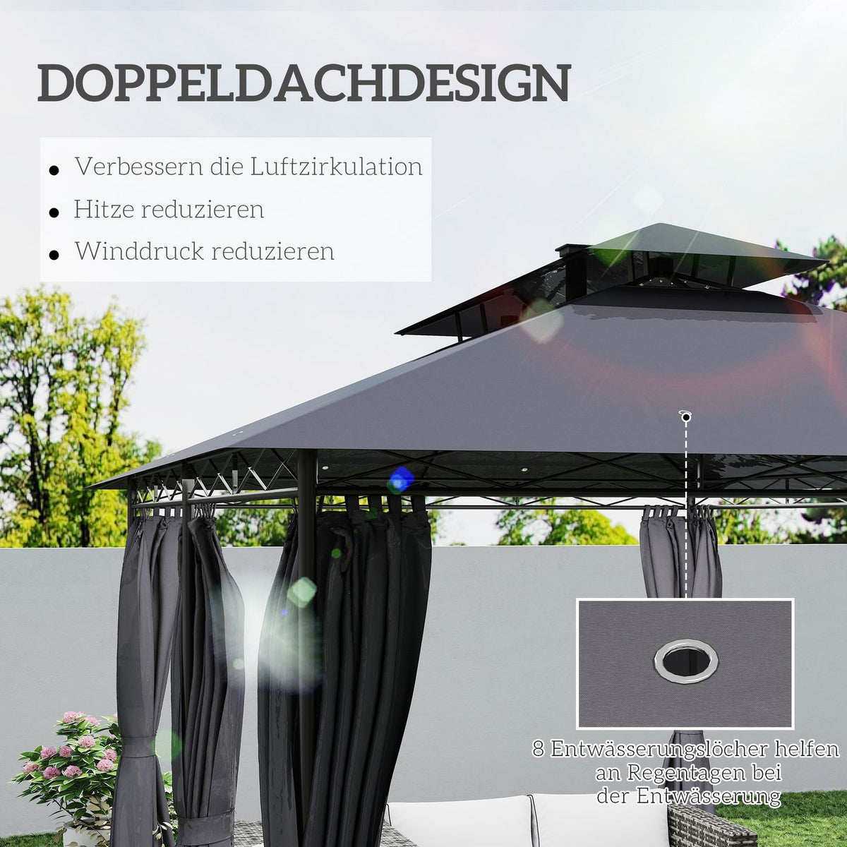 Gazebo with double roof, solar LED, 4x3 m, water-repellent, stable, winter-proof garden pavilion with side panels, garden pavilion made of metal, for garden, terrace, dark gray