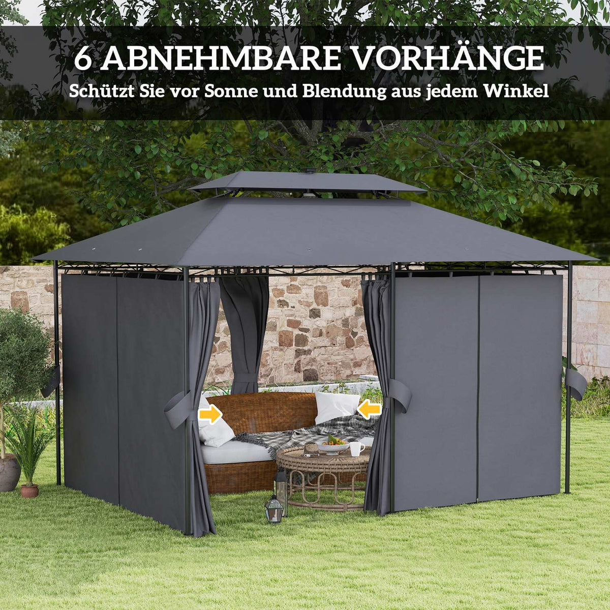 Gazebo with double roof, solar LED, 4x3 m, water-repellent, stable, winter-proof garden pavilion with side panels, garden pavilion made of metal, for garden, terrace, dark gray
