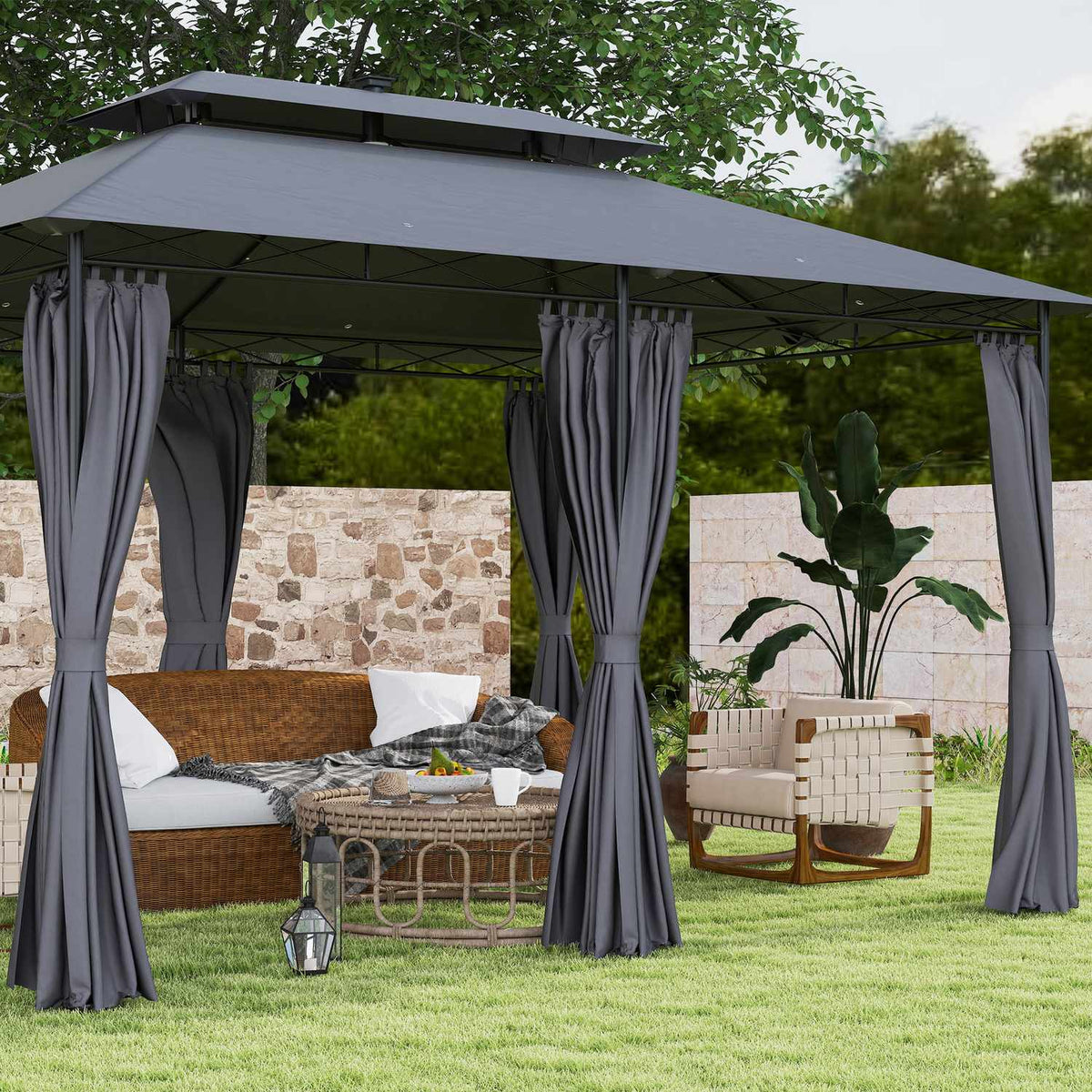 Gazebo with double roof, solar LED, 4x3 m, water-repellent, stable, winter-proof garden pavilion with side panels, garden pavilion made of metal, for garden, terrace, dark gray