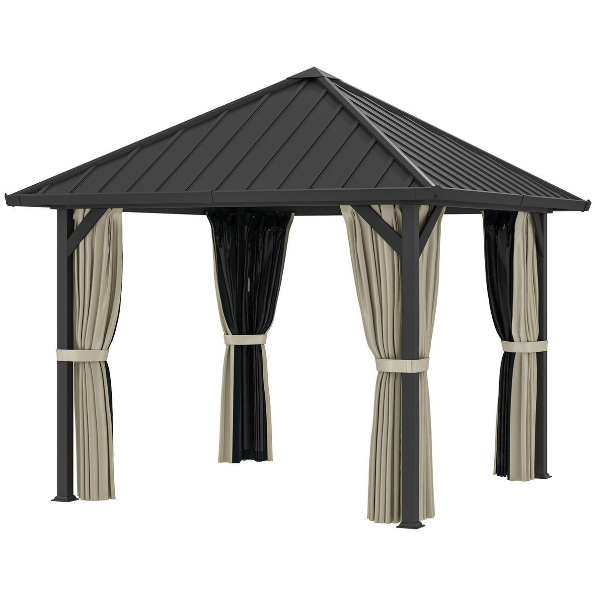 Gazebo with hard top, approx. 3x3 m, waterproof, stable, winterproof, garden pavilion with mosquito net, side panels, garden pavilion made of metal, pavilion for garden, terrace, dark gray
