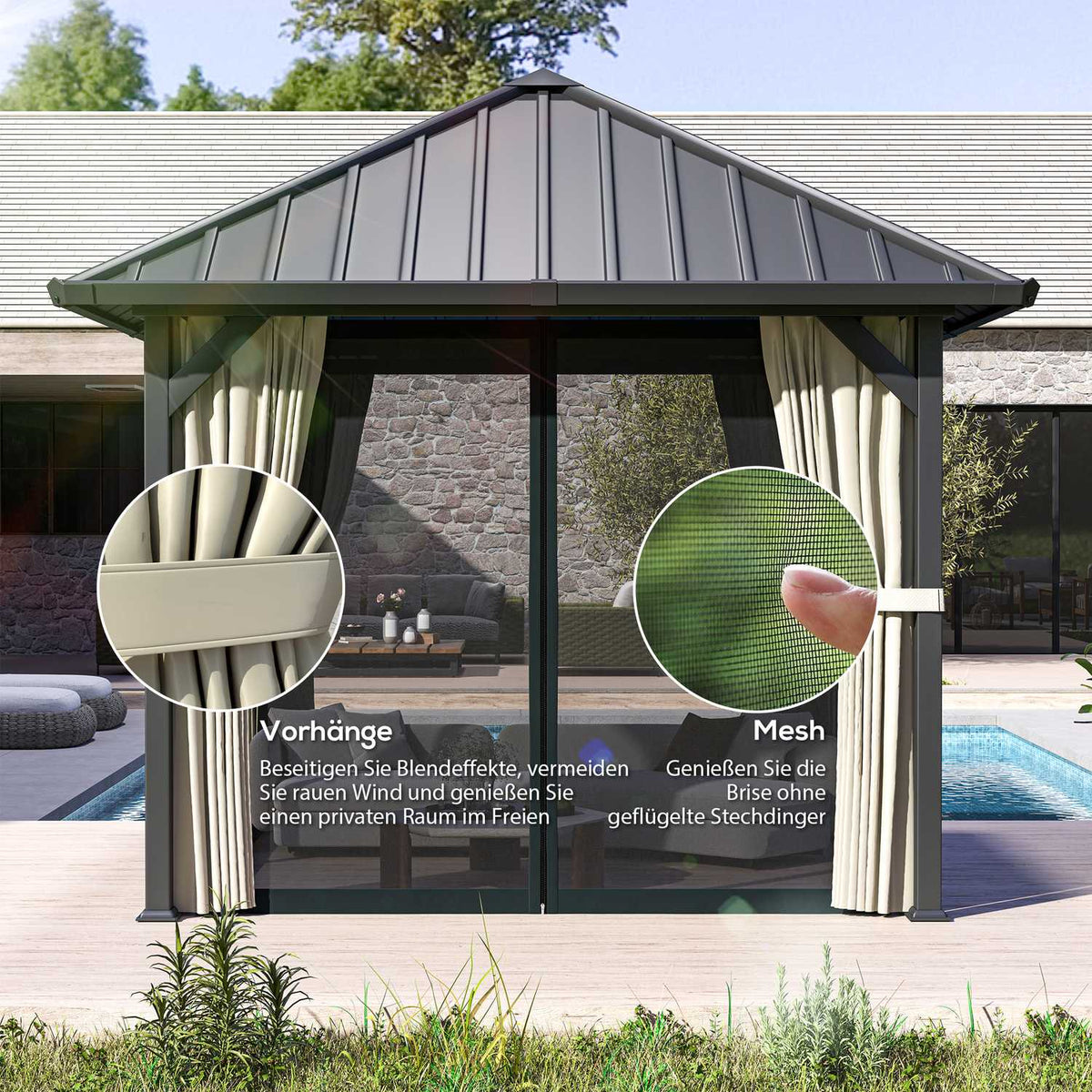 Gazebo with hard top, approx. 3x3 m, waterproof, stable, winterproof, garden pavilion with mosquito net, side panels, garden pavilion made of metal, pavilion for garden, terrace, dark gray