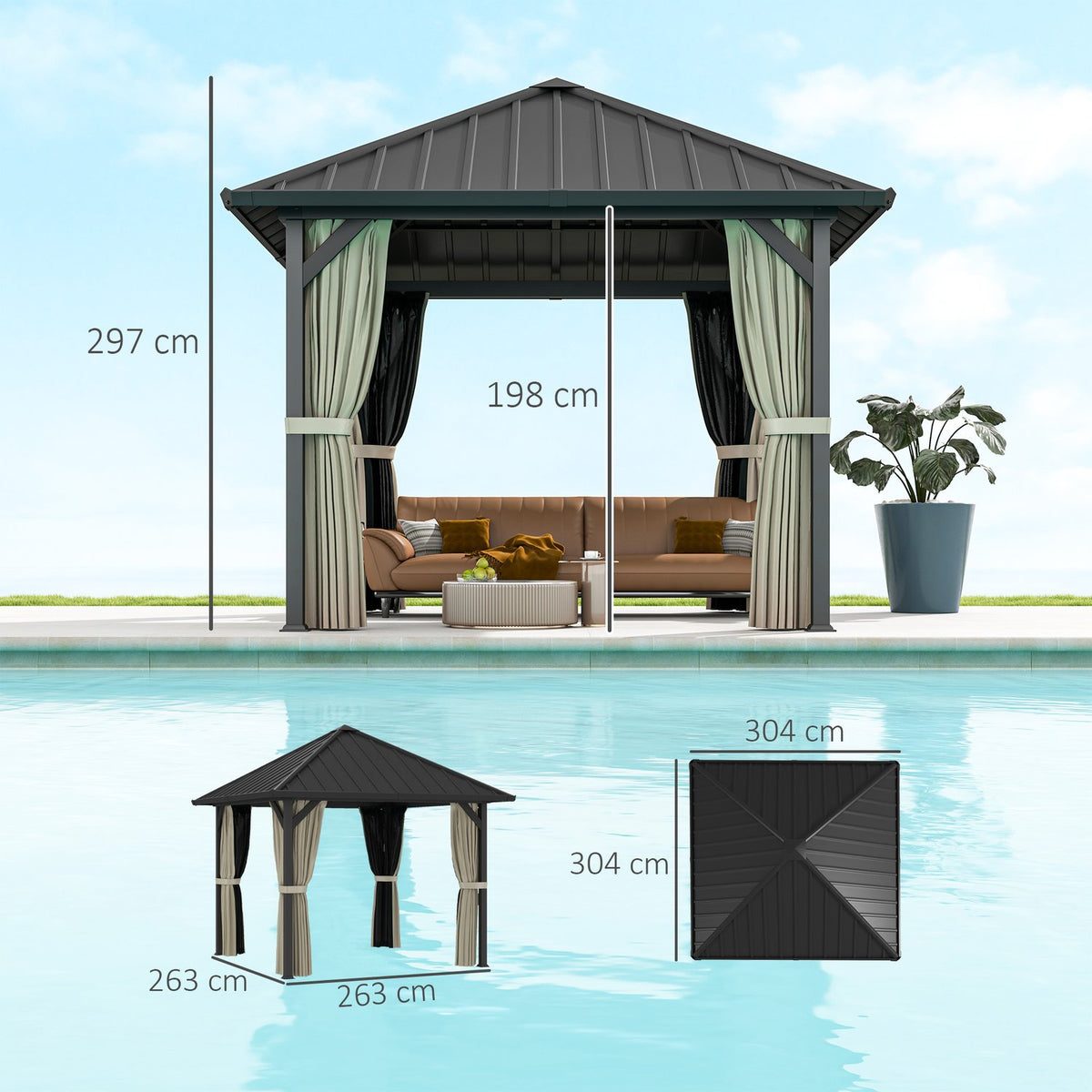 Gazebo with hard top, approx. 3x3 m, waterproof, stable, winterproof, garden pavilion with mosquito net, side panels, garden pavilion made of metal, pavilion for garden, terrace, dark gray
