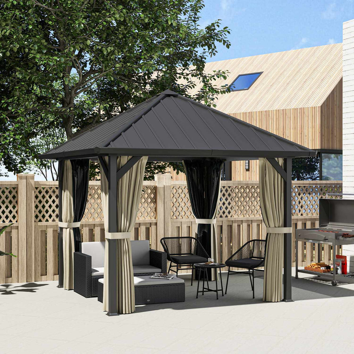 Gazebo with hard top, approx. 3x3 m, waterproof, stable, winterproof, garden pavilion with mosquito net, side panels, garden pavilion made of metal, pavilion for garden, terrace, dark gray