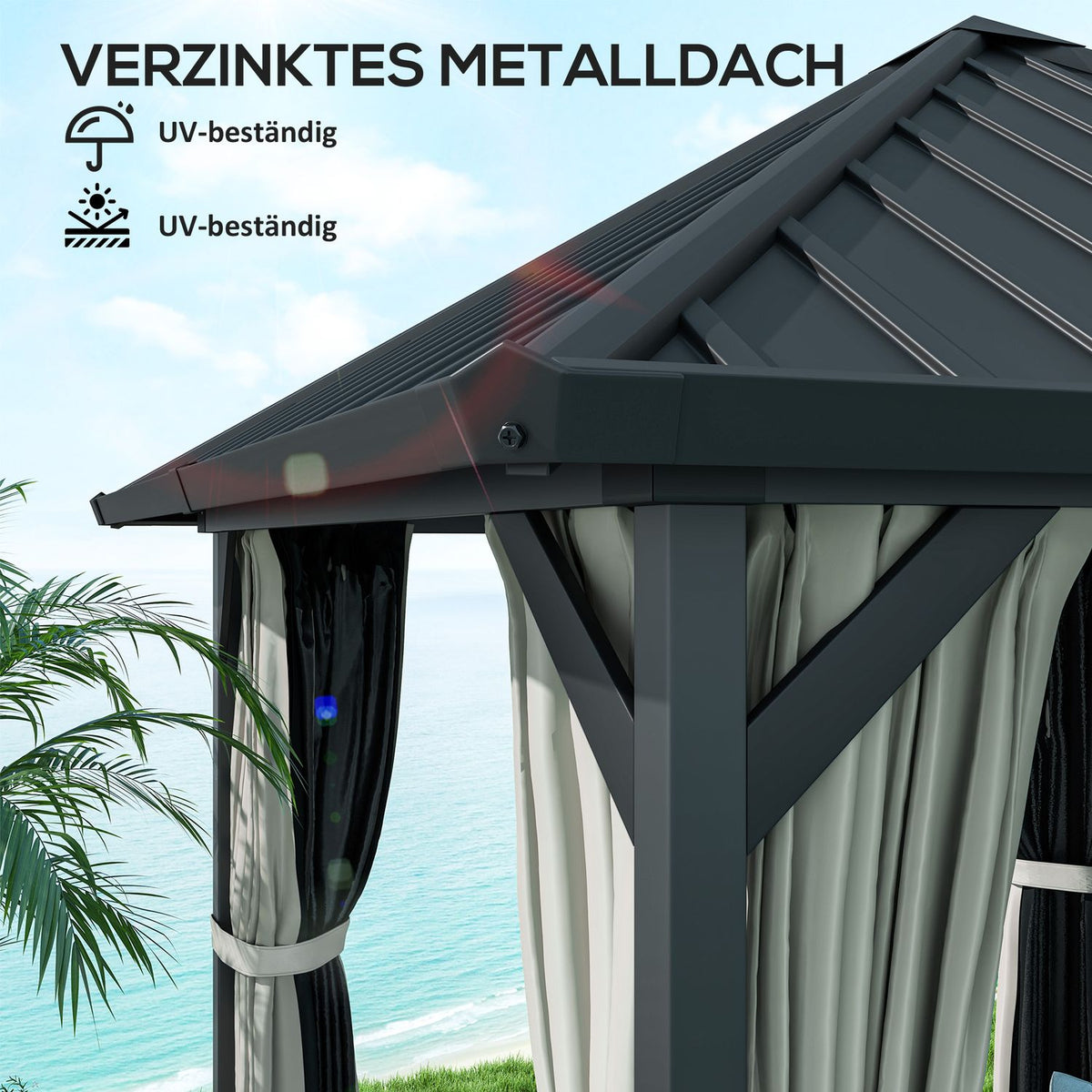Gazebo with hard top, approx. 3x3 m, waterproof, stable, winterproof, garden pavilion with mosquito net, side panels, garden pavilion made of metal, pavilion for garden, terrace, dark gray