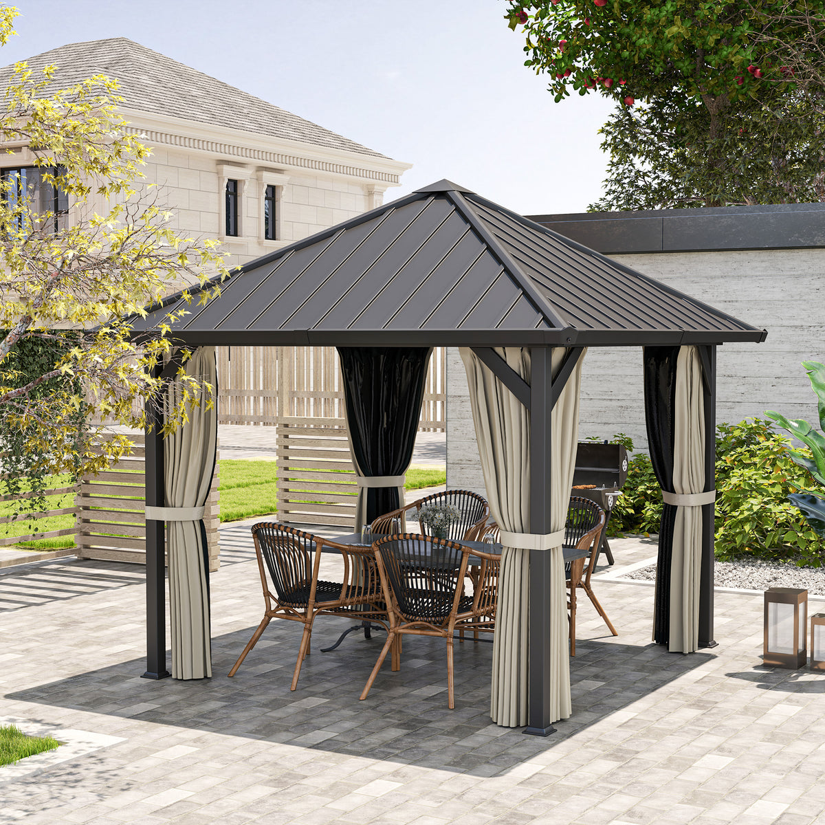 Gazebo with hard top, approx. 3x3 m, waterproof, stable, winterproof, garden pavilion with mosquito net, side panels, garden pavilion made of metal, pavilion for garden, terrace, dark gray