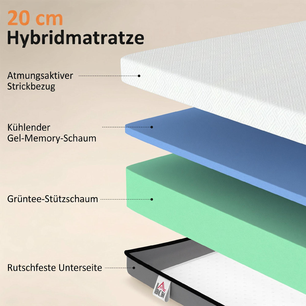Gel Memory Foam Mattress 140x200cm, Medium Firm, Breathable