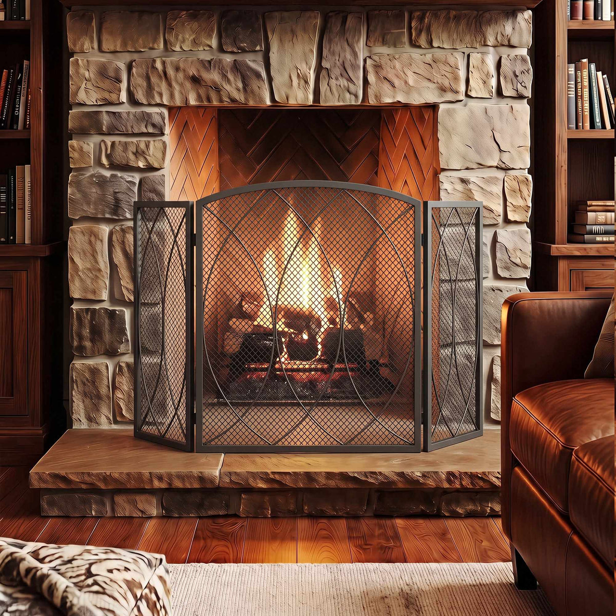 Geometric 3-Panel Metal Fireplace Screen, Black