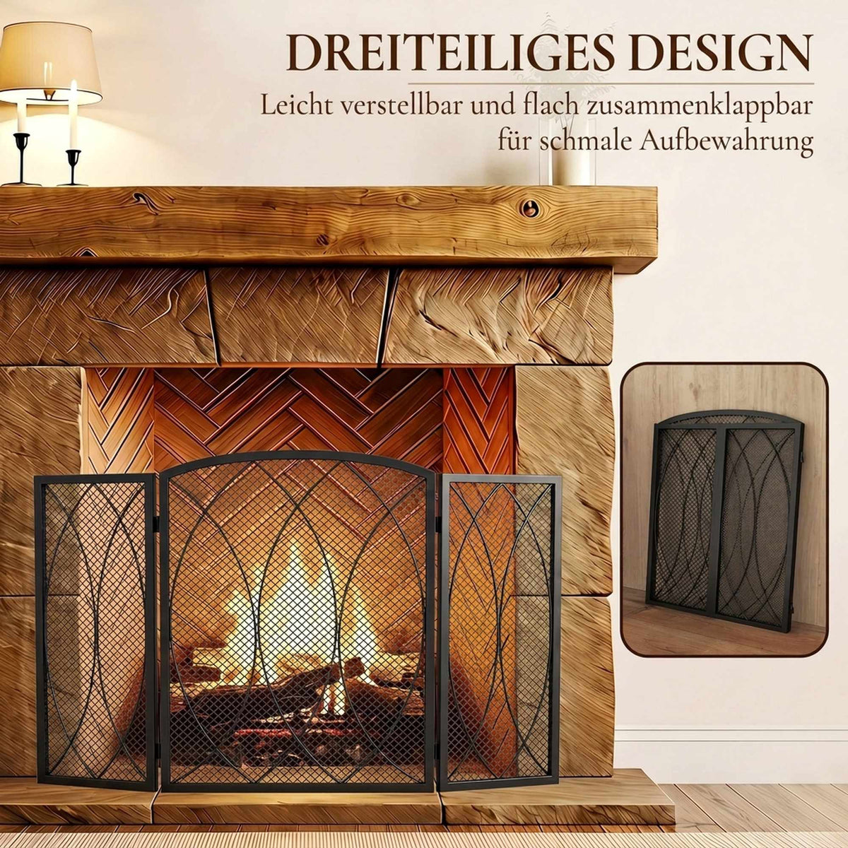 Geometric 3-Panel Metal Fireplace Screen, Black