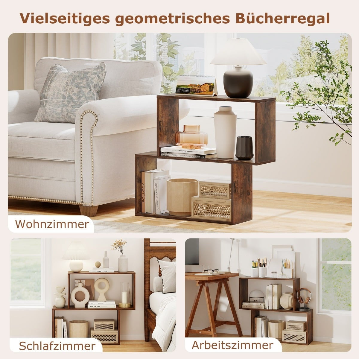 Geometric 3-Tier Wooden Bookshelf with Cube Shelves, Brown