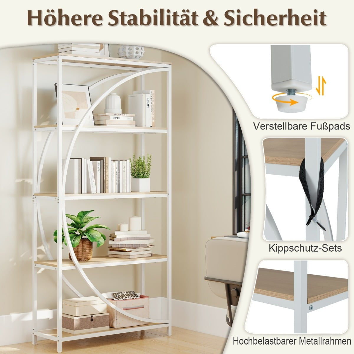 Geometric Bookshelf with Open Wood Shelves & Metal Frame