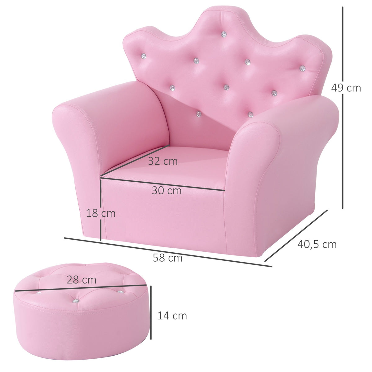 Girls' Armchair Soft Sofa Crystal Buttons Stool Pink Comfortable From 3 Years 58X40.5X49Cm