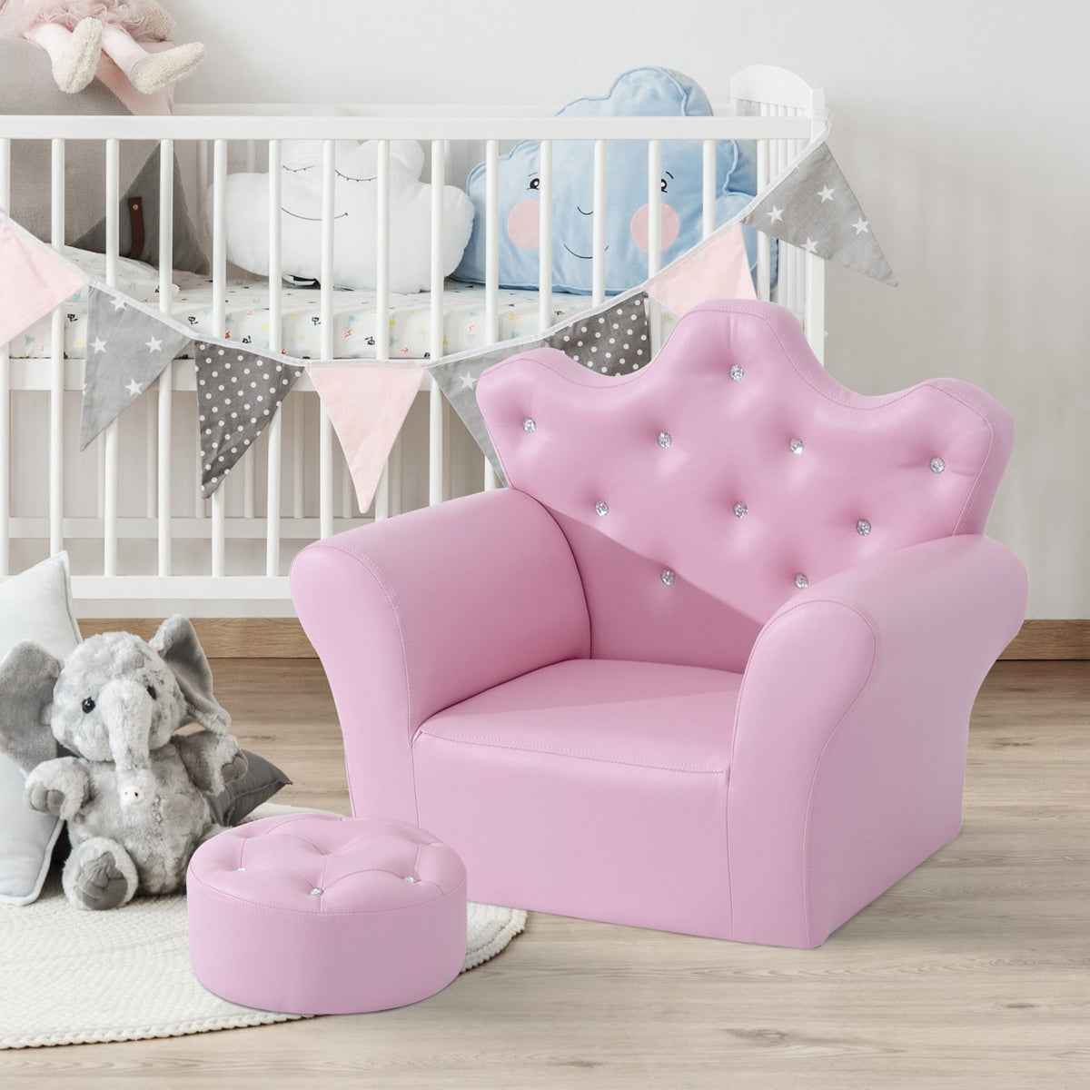 Girls' Armchair Soft Sofa Crystal Buttons Stool Pink Comfortable From 3 Years 58X40.5X49Cm