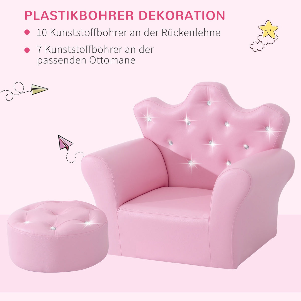 Girls' Armchair Soft Sofa Crystal Buttons Stool Pink Comfortable From 3 Years 58X40.5X49Cm