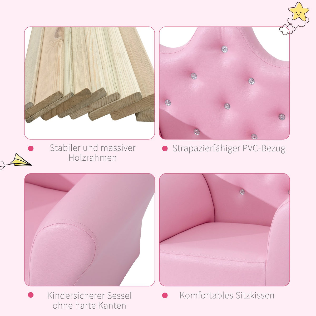 Girls' Armchair Soft Sofa Crystal Buttons Stool Pink Comfortable From 3 Years 58X40.5X49Cm
