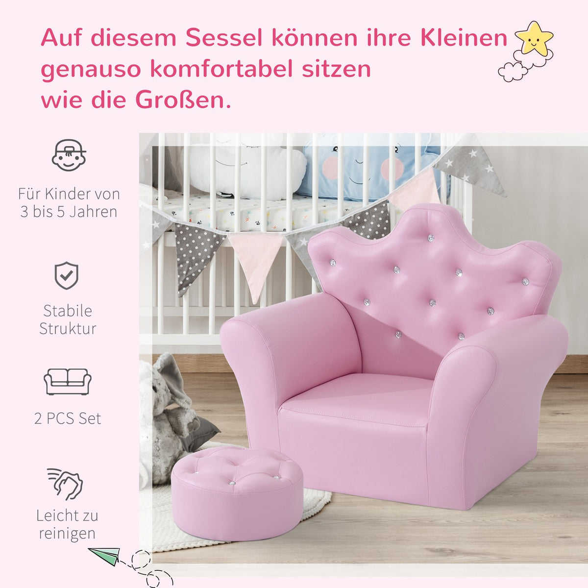 Girls' Armchair Soft Sofa Crystal Buttons Stool Pink Comfortable From 3 Years 58X40.5X49Cm