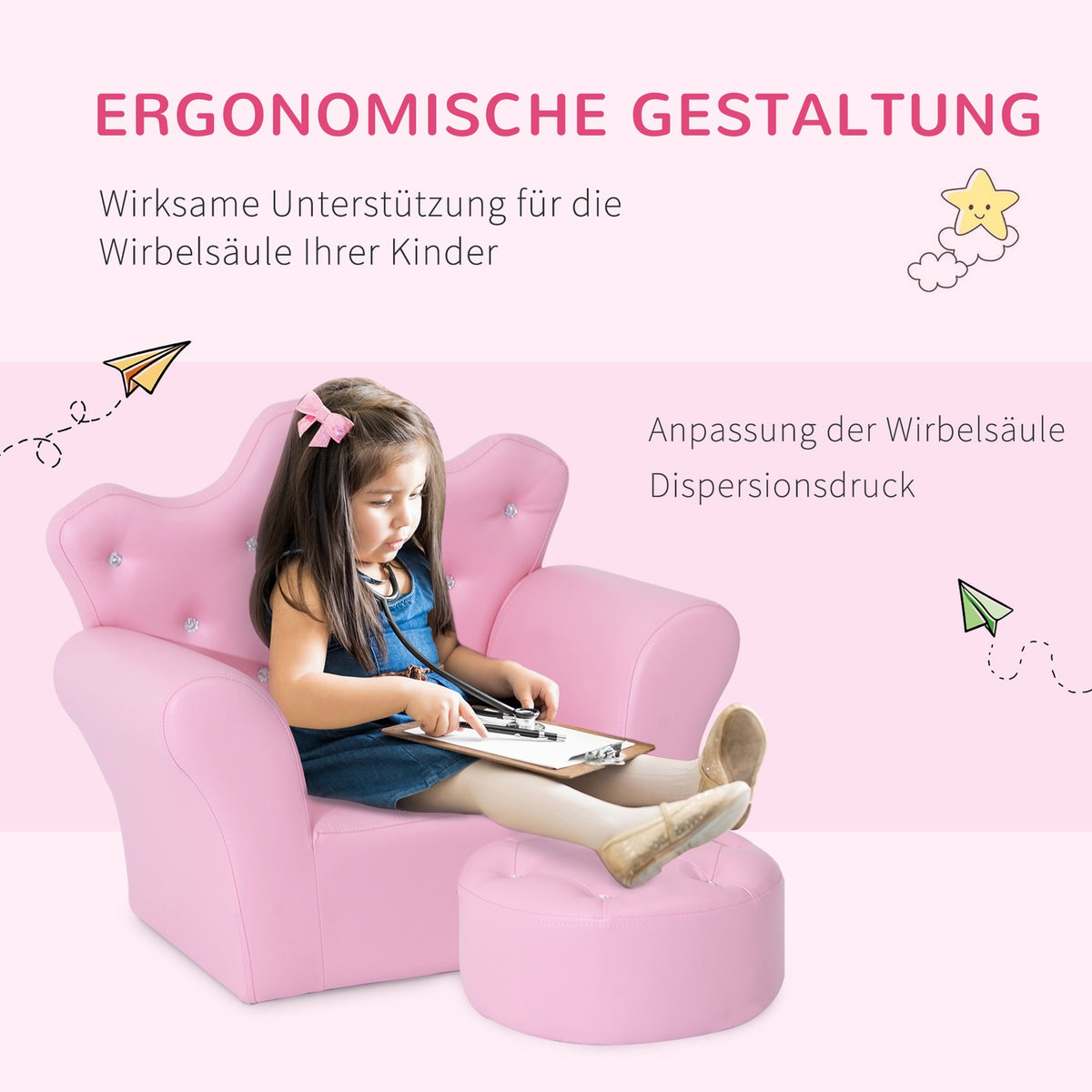 Girls' Armchair Soft Sofa Crystal Buttons Stool Pink Comfortable From 3 Years 58X40.5X49Cm