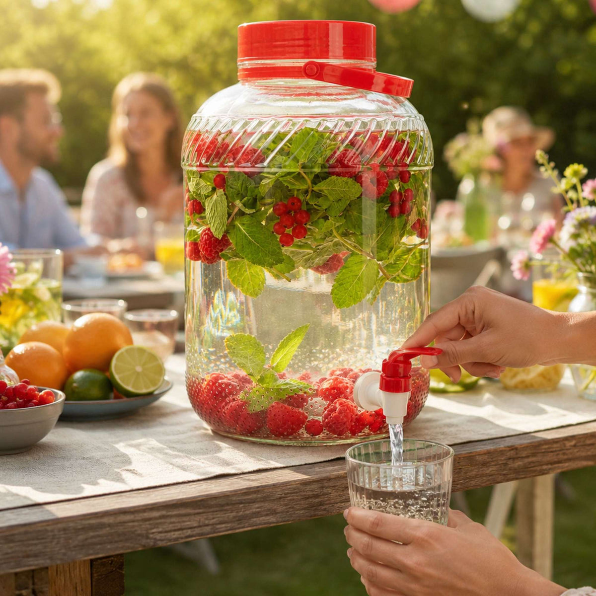 Glass Beverage Dispenser with Tap, 10L – Red