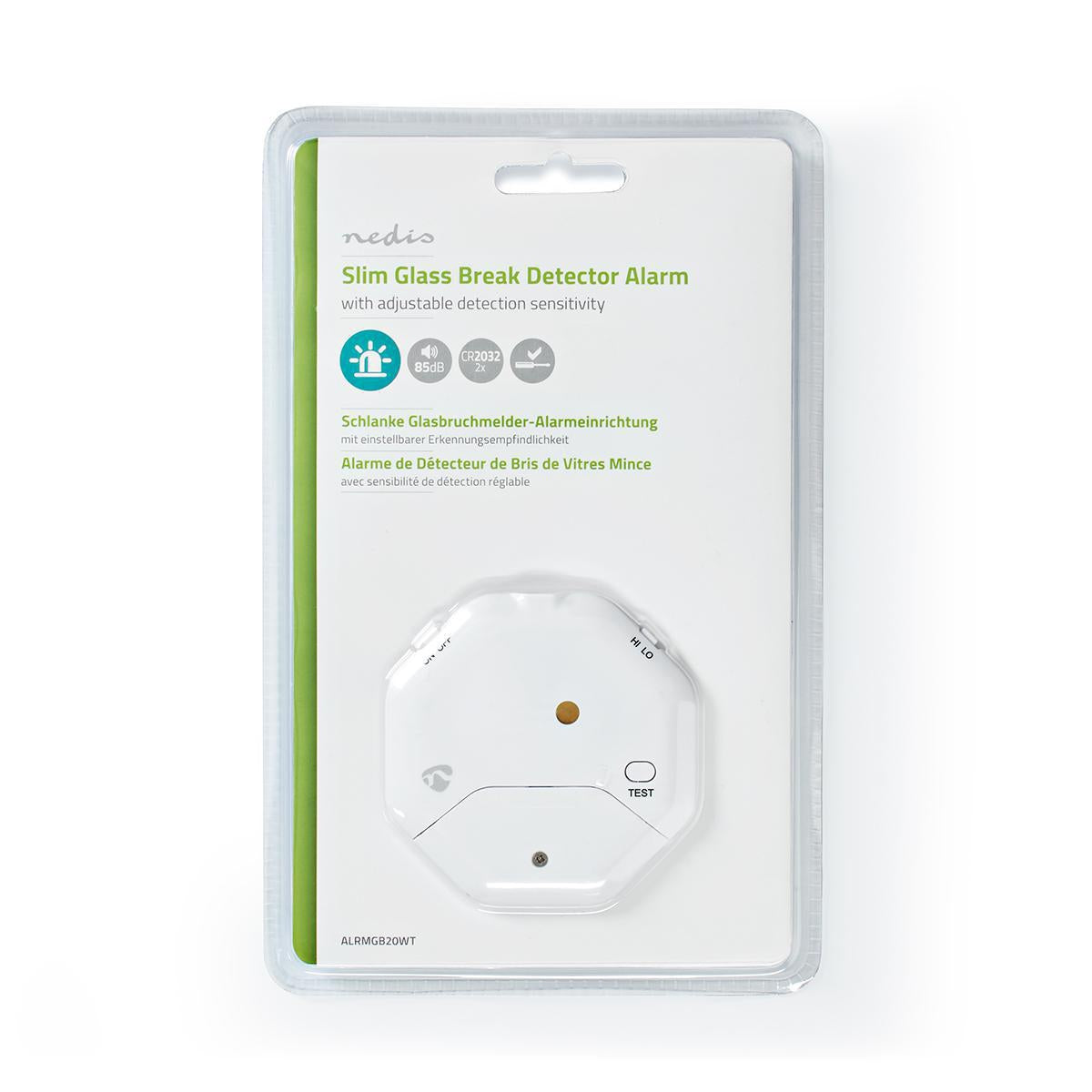 Glass Breaker Alarm | Triggered by: Vibration | Battery powered | 2x CR2032 | 85 dB| White