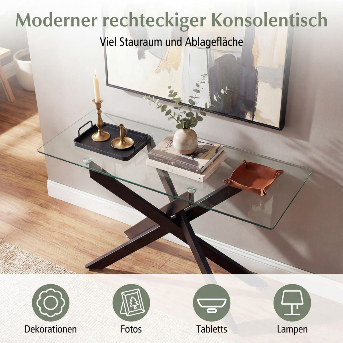 Glass Console Table, Tempered Glass Top, Metal Legs