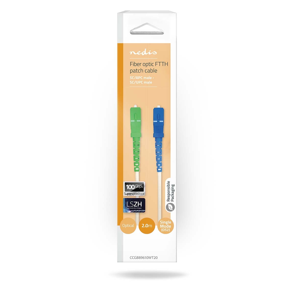 Glass Fiber Patch Cable | SMF (Single Mode Phase) | SC/APC | SC/UPC | 100 Gbps | 2.00 m | White | Gift Box with Euro Lock