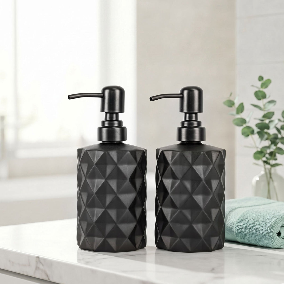 Glass Soap Dispensers, 2-Pack 350 ml, Black Stainless Pump