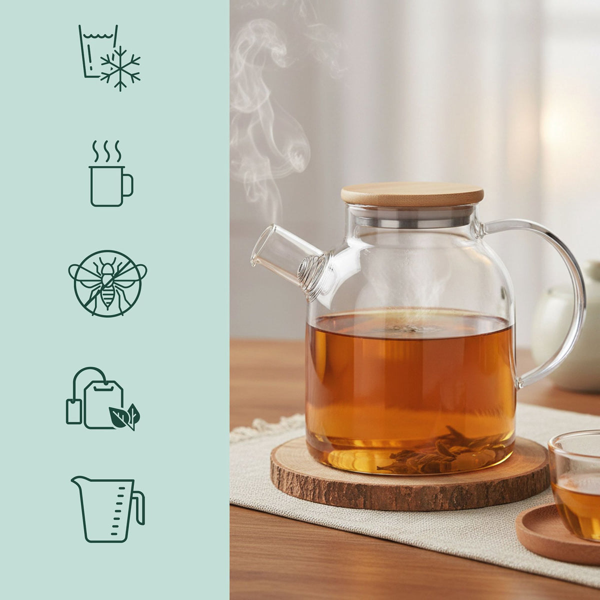 Glass Teapot with Bamboo Lid – Borosilicate, Strainer