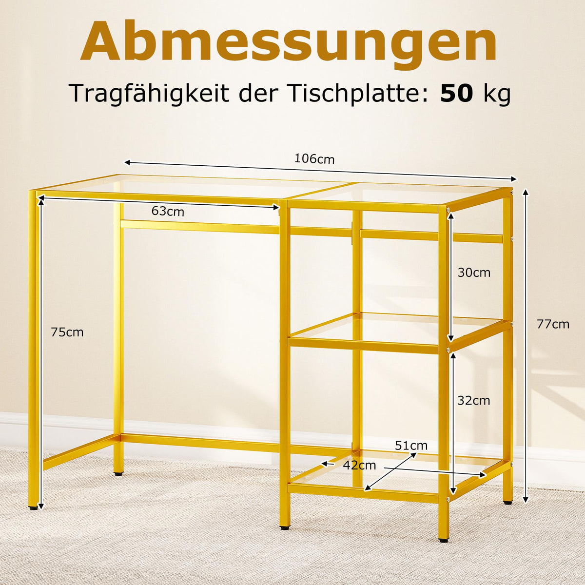 Glass-Top Computer Desk with Metal Frame, Gold, 106x51x76 cm