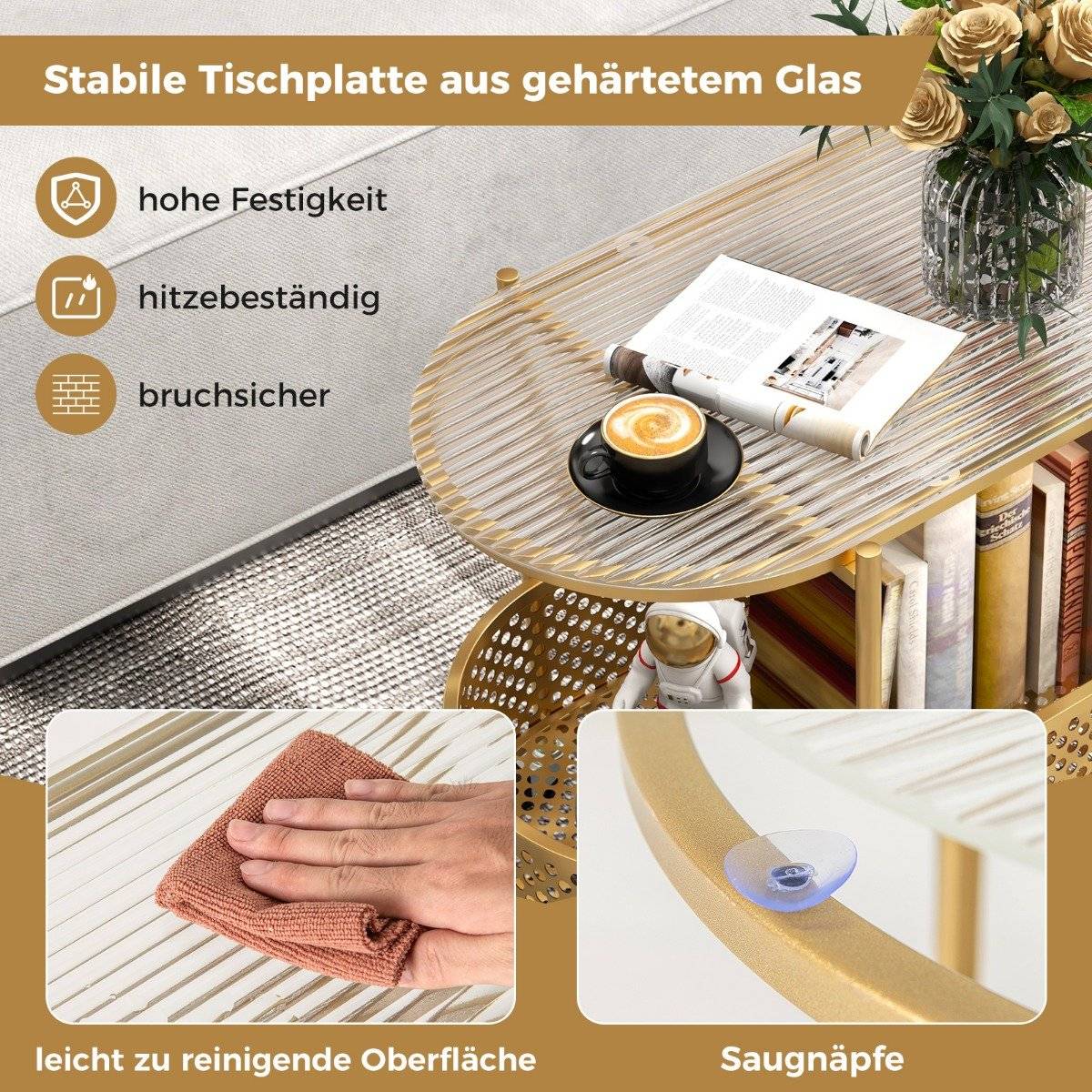 Glass side table with wheels 2-tier glass table with bear pattern 60 x 40 x 76 cm Golden