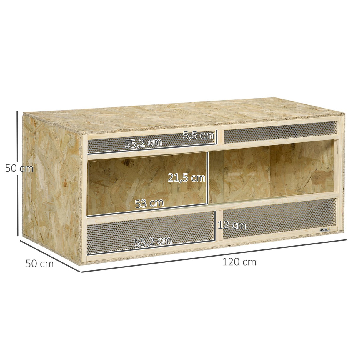 Glass terrarium, 120 x 50 x 50 cm, thermostatic, robust, with ventilation grille, sliding door, for snakes, spiders, OSB board, natural wood