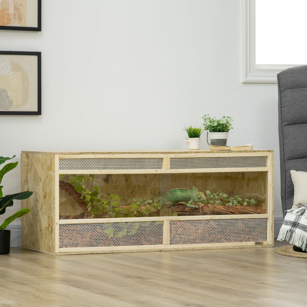 Glass terrarium, 120 x 50 x 50 cm, thermostatic, robust, with ventilation grille, sliding door, for snakes, spiders, OSB board, natural wood